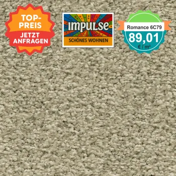 Teppichmuster mit Label „Impulse WOLFSBURG“ und Badge „Romance 6C79 – 89,91 €/m²“